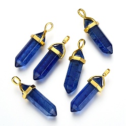 Стеклянный Камень Арбуза Подвески из стекла арбузный камень с двойным концом, окрашенные, синие, с подвеской из случайного сплава с шестигранной головкой, пуля, золотые, 37~40x12.5x10 мм, отверстие : 3x4.5 мм