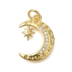 Прозрачный Стойка металлическая латунная микропрофилированная кубическая циркония подвески, долговечный, без свинца и без кадмия, реальный 18 k позолоченный, Луна прелести, с целью перехода в кольце, прозрачные, 17x12.5x2 мм, отверстие : 3 мм