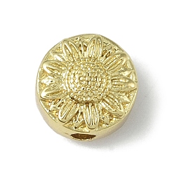 Настоящее золото 18K Стойки обшивки латунные бусины, долговечный, без свинца и без кадмия, плоские круглые с цветком, реальный 18 k позолоченный, 9x7 мм, отверстие : 2 мм