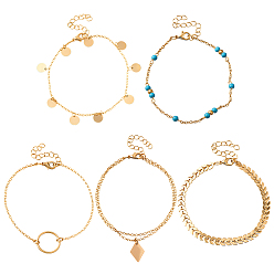 Light Gold 2сумки 10шт. браслеты на ногу из железа, сплава и синтетических бирюзовых бусин и браслеты с подвесками, золотой свет, 8-1/4~8-5/8 дюйм (21~22 см), 5 шт / пакет