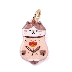 PeachPuff Printed Brass Pendants, Cat Shape with Flower Charms, Golden, PeachPuff, 18.5x11.5x2.5mm, Hole: 4mm