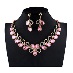Розовый Комплекты украшений из цинкового сплава со стразами, включают серьги и ожерелья, цветок и листья, светло-розовый, 460 мм
