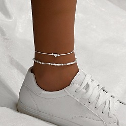 Белый 2шт. наборы браслетов на ногу из стеклянных бусин, с бусиной из сплава в форме сердца, белые, 8-1/4 дюйм (210 мм)