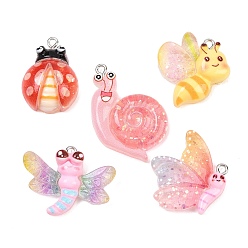 Mixed Shapes Подвески из прозрачной и непрозрачной смолы, с платиновыми железными петлями и блестящей пудрой, разнообразные, 23.5~27x18.5~30x7~9.5 мм, отверстие : 2 мм