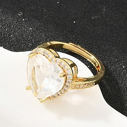 Clear Heart Brass Micro Pave Cubic Zirconia Cuff Open Rings for Women, with Glass, Cadmium Free & Lead Free, Rack Plating, Real 18K Gold Plated, Clear, 18mm