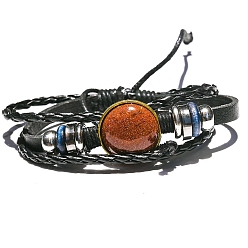 Камень с Пылевым Золотом Плоские круглые многониточные браслеты из синтетического золота с камнями, трехслойный регулируемый браслет, периметр: 7-1/8~10-1/4 дюйм (18~26 см)