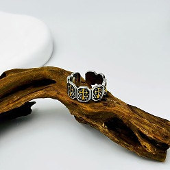 Antique Silver & Golden Alloy Cuff Open Rings for Men, Rectangle with Cross Pattern, Antique Silver & Golden, Inner Diameter: 15~20mm