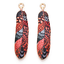 Помидор Стойки подвески обшивки сплава, напечатанный, без свинца, без кадмии и без никеля, очарование перьев, золотой свет, помидор, 38x9x1.5 мм, отверстие : 1.8 мм