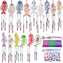 Fish Набор для изготовления деревянных колокольчиков из рыбьей кости своими руками, в том числе 45 шт. алюминиевая трубка, колокольчик, 15шт. деревянная рыбья кость, 13м серебряная проволока, 2шт. кисть, 1 листы наклейки со стразами, 15Цветная веревка, рыба, 126x79 мм