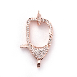 Розовое Золото Латунные микро проложить кубического циркония когтя омара застежками, с поручнями/трубчатыми поручнями, прозрачные, розовое золото , застежка : 31x20.5x6.5 mm, отверстие : 2.5~3 мм, трубчатые поручни: 9.5x7.5x2мм, отверстие : 1.2 мм