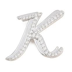 Letter K Pendentifs en laiton zircon cubique transparent, charmes de lettre, plaqué longue durée, crémaillère plaquage, sans plomb et sans cadmium, platine, lettre k, 25x29x6.5mm, Trou: 3mm