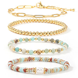 Смешанные камни 4 шт. 4 стили браслеты из натурального амазонита, камня Шоушань и круглых бусин из латуни и 304 набор цепочек-скрепок из нержавеющей стали для женщин, 6.89 дюйм (17.5 см)