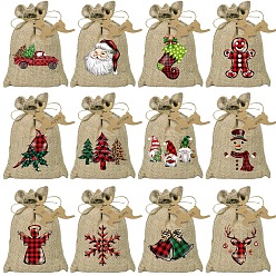 FireBrick 24Pcs Christmas Linen Printed Drawstring Bags, Candy Storage Supplies, Rectangle, FireBrick, 18x13cm