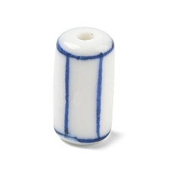 Royal Blue Handmade Porcelain Beads, Column with Stripe Pattern, Hand Painted, Royal Blue, 17x9mm, Hole: 2.5mm