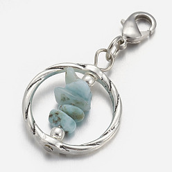 Aqua Natural Larimar Pendants, with Alloy Pendants and Brass Lobster Claw Clasps, Ring, Aqua, 43mm