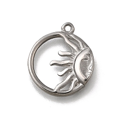 Нержавеющая Сталь Цвет 304 подвески из нержавеющей стали, плоский круглый с солнечным шармом, анти-тускнение, цвет нержавеющей стали, 17.5x15.5x2.5 мм, отверстие : 1.2 мм