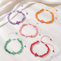 (52) Непрозрачная лаванда Регулируемые плетеные браслеты из натуральных пресноводных ракушек и окрашенных синтетических бирюзовых бусин для женщин, чип и кросс, разноцветные, внутренний диаметр: 2.09 ~ 3.46 дюйм (5.3~8.8 см)