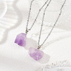 Stainless Steel Color Raw Rough Natural Amethyst Nuggets Pendant 304 Stainless Steel Satellite Chain Necklaces for Women, Stainless Steel Color, 17.72 inch(45cm)