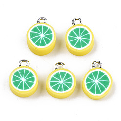 Lime Green Handmade Polymer Clay Charms, with Platinum Tone Iron Findings, Lime Green, 13~15x10.5~11.5x4~5mm, Hole: 1.8mm