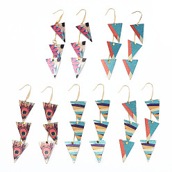 Mixed Color Printed Iron Dangle Earrings, with 316 Surgical Stainless Steel Earring Hooks, Triangle, Golden, Mixed Color, 93~94mm, Pin: 0.7mm