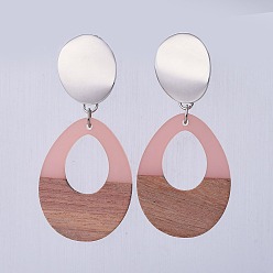 Pink Серьги из смолы и дерева с подвесками, с фурнитурой из платиновой латуни и 304 фурнитурой из нержавеющей стали, слеза, розовые, 62.5~63 мм, Кулон : 37.5x28.5x3.5 мм, штифты : 0.8 мм