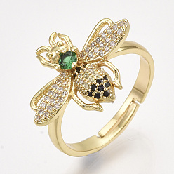 Золотой Регулируемые латунные кольца из микро-паве циркония, без кадмия и без свинца, Пчелы, золотые, Размер 8, 18 мм