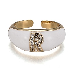 Letter R Brass Micro Pave Clear Cubic Zirconia Cuff Rings, Open Rings, with Enamel, Cadmium Free & Lead Free, Golden, Letter.R, US Size 7 1/4, Inner Diameter: 17.6mm