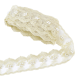 Green 5 Yards Polyester Lace Ribbon, with Imitation Pearl, for Garment Accessories, Gift Decoration, Green, 2 inch(50mm), about 5.00 Yards(4.57m)/Set