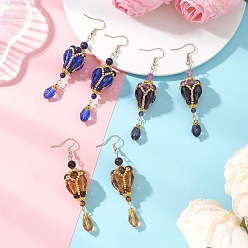 Золотой Серьги-подвески из натурального тигрового глаза, натурального лазурита, натурального аметиста и стеклянных бусин., с 304 крючков из нержавеющей стали, слеза, золотые, 78x20~20.5 мм, 3 пар / набор