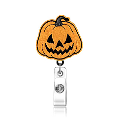 Pumpkin Halloween Theme Wool Felt Clip-On Retractable Badge Holders, Tag Card Holders, Badge Reel, Pumpkin, 85mm