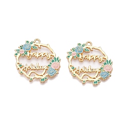 Светло-Голубой Стойки обшивки сплава эмали подвески, без кадмия, без никеля и без свинца, золотой свет, цветок со словом счастливых праздников, Небесно-голубой, 29.5x29x2 мм, отверстие : 1.8 мм