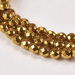 Golden Plated Electroplate Non-magnetic Synthetic Hematite Beads Strands, Faceted, Round, Grade A, Golden Plated, 3mm, Hole: 1mm, about 127pcs/strand, 16 inch