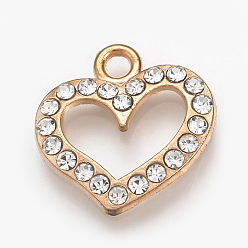 Light Gold Подвески из сплава и страза, сердце, золотой свет, 17x16.5x2 мм, отверстие : 1.5 мм