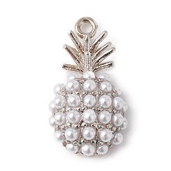 Real Platinum Plated Eco-Friendly Rack Plating Brass Pendants, with Acrylic Imitation Pearl Beads, Long-Lasting Plated, Lead Free & Cadmium Free, Pineapple, Real Platinum Plated, 16.5x9x5mm, Hole: 1mm