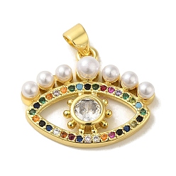 Eye Латунные микро проложить кубического циркония подвески, без кадмия, без никеля и без свинца, с абс бисера, реальный 18 k позолоченный, глаз, 18x22.5x5.5 мм, отверстие : 5x3.5 мм