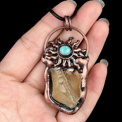 Лимонный Кварц Естественно лимона кварцевые кулоны, латунные солнечные подвески, Красная медь, 38~50 мм