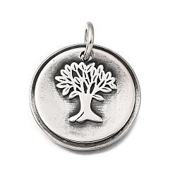 Античное Серебро 304 подвески из нержавеющей стали, плоский круглый с подвеской в виде дерева, с целью перехода в кольце, античное серебро, 25.5x2.5 мм, отверстие : 6.5 мм
