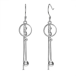 Platinum Rhodium Plated 925 Sterling Silver Kitten Dangle Earrings, with Snake Chains and Round Beads, Ring with Cat Shape, Platinum, 53.4mm