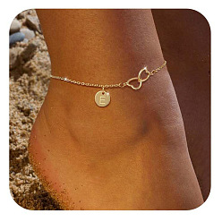 Letter E Латунные двойные сердечки плоские круглые инициалы браслеты на ногу для женщин, золотые, Письмо E, 9-1/8 дюйм (230 мм)