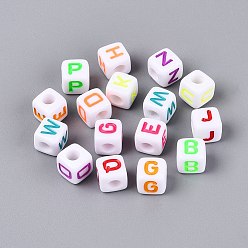 Letter Opaque Acrylic Beads, Cube with Number, with Enamel, Mixed Color, Letter, 7.5~8x7.5~8x8~8.5mm, Hole: 3.6~4mm, about 1200pcs/500g