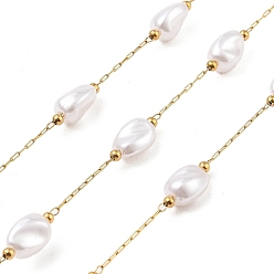 Настоящее золото 18K Ионное покрытие (ip) 304 цепи для канцелярских скрепок из нержавеющей стали, пайки, с abs имитационными жемчужными бусинами , реальный 18 k позолоченный, 9.5x7.5x5.5 мм, около 16.40 футов (5 м) / рулон