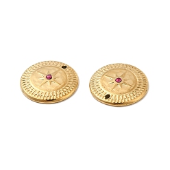 Fuchsia Vacuum Plating 201 Stainless Steel with Rhinestone Charms, Real 18K Gold Plated, Flat Round with Star Pattern, Fuchsia, 14x2mm, Hole: 0.8mm