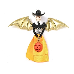 Amarillo Grandes colgantes sintéticos turquesa para Halloween, Amuletos de esqueleto con vestido de satén y calabaza de madera, amarillo, 89.5x100x26 mm, agujero: 3 mm