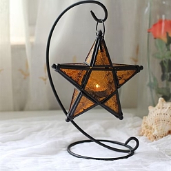 Orange Star Shape Glass and Iron Candle Holder, Candle Storage Container Pub Decoration, Orange, 20x20x6cm