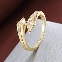 Golden Brass Micro Pave Cubic Zirconia Cuff Open Rings, Teardrop, Golden, 17mm