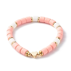 Light Salmon Handmade Polymer Clay Beads Stretch Bracelets, with Brass Beads, Heart, Light Salmon, Inner Diameter: 2~2-1/8 inch(5.2~5.3cm)
