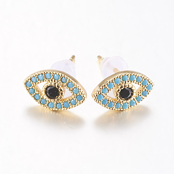 Золотой Латунные микро проложить кубического циркония уха шпильки, без свинца и без кадмия, лошадиный глаз , Небесно-голубой, золотые, 7x11x1.5 мм , штифт: 0.8 мм