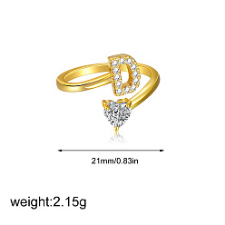 Letter D Латунные кольца-манжеты с микропаве из прозрачных кубических цирконий, сердце, золотые, Буква D, 21 мм