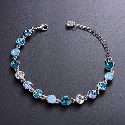 Platinum SHEGRACE Glittering Brass Bracelet, with Aquamarine Round Austrian Crystal for Women, Platinum, 160x7mm