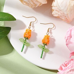 Оранжевый Серьги-подвески в виде цветка из нержавеющей стали и стекла, с перламутровыми круглыми бусинами из стекла, окрашенными методом выпекания, и биконусными стеклянными бусинами, имитирующими австрийский хрусталь, с гальваническим покрытием, золотые, оранжевые, 52x17 мм